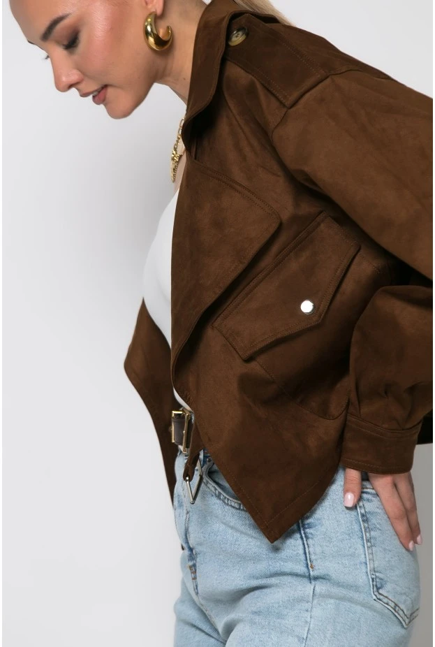 Jacket σουέντ με πλαινό κούμπωμα καφέ