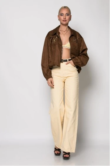 Σουέντ jacket με διάτρητο σχέδιο καφέ
