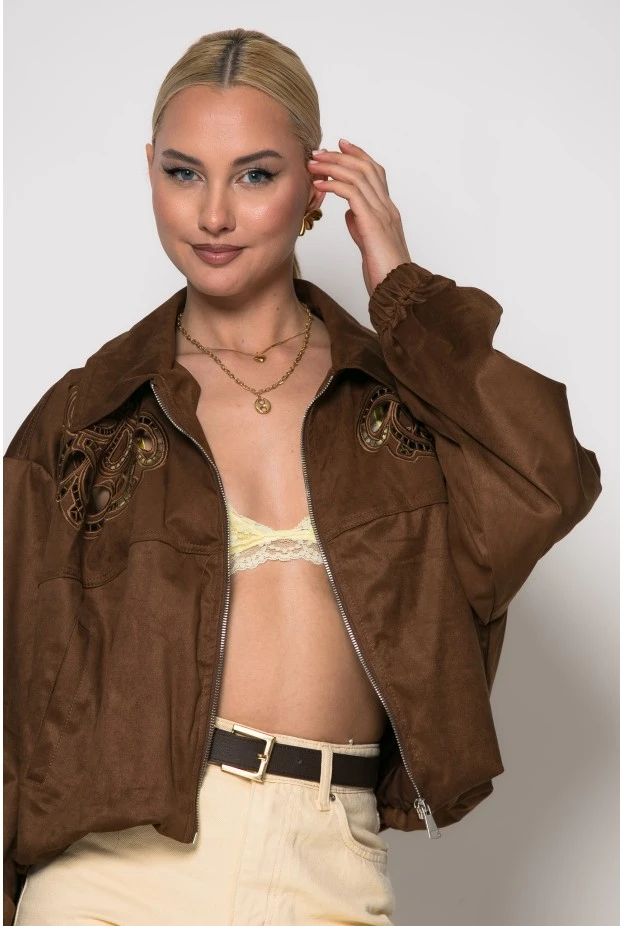 Σουέντ jacket με διάτρητο σχέδιο καφέ
