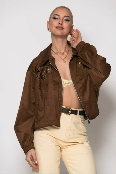 Σουέντ jacket με διάτρητο σχέδιο καφέ