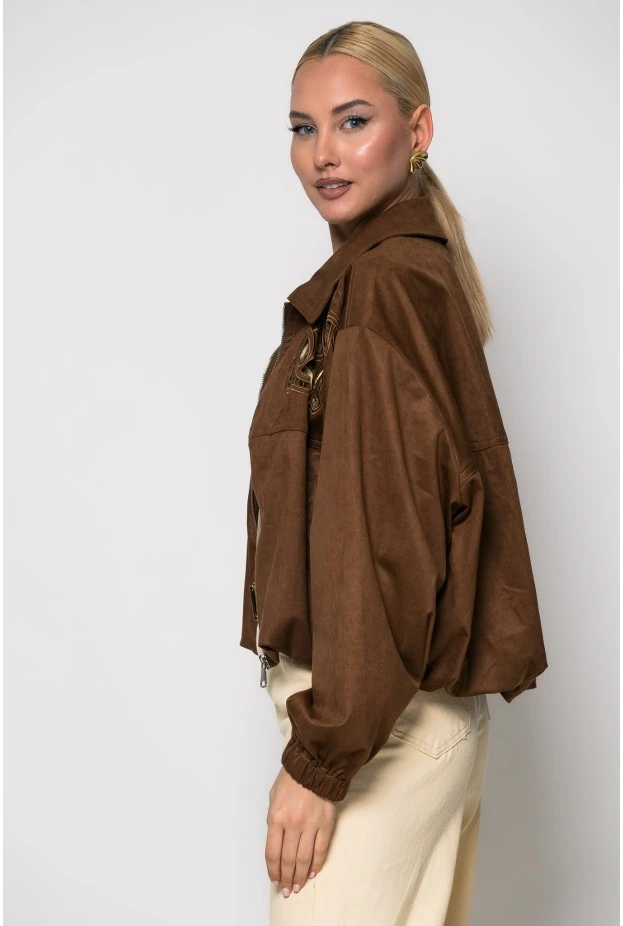 Σουέντ jacket με διάτρητο σχέδιο καφέ
