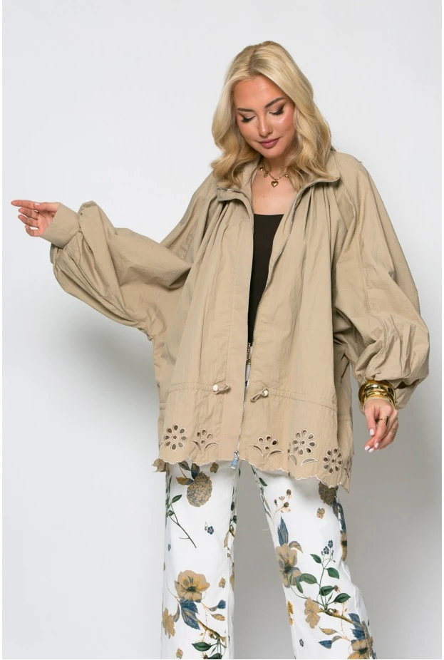 Oversized ζακέτα με διάτρητα σχέδια μπεζ