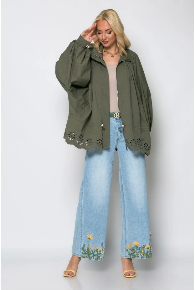 Oversized ζακέτα με διάτρητα σχέδια χακί