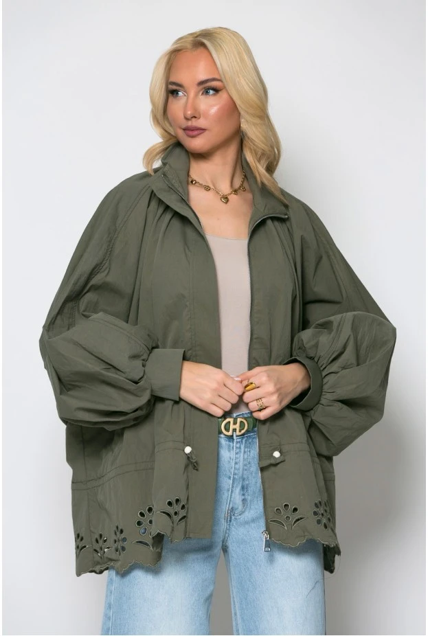 Oversized ζακέτα με διάτρητα σχέδια χακί