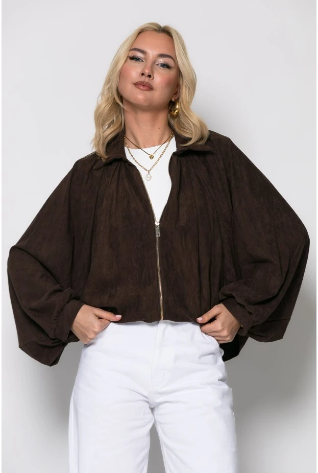Σουέντ jacket balloon με μανίκια νυχτερίδα καφέ