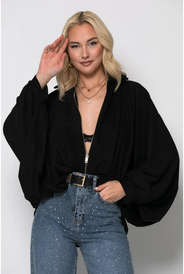Σουέντ jacket balloon με μανίκια νυχτερίδα μαύρο
