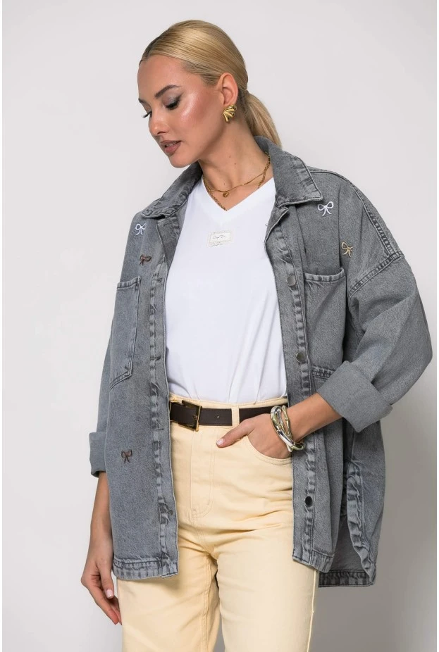 Jean jacket με φιογκάκια ανθρακί