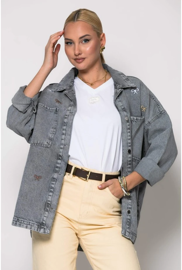 Jean jacket με φιογκάκια ανθρακί
