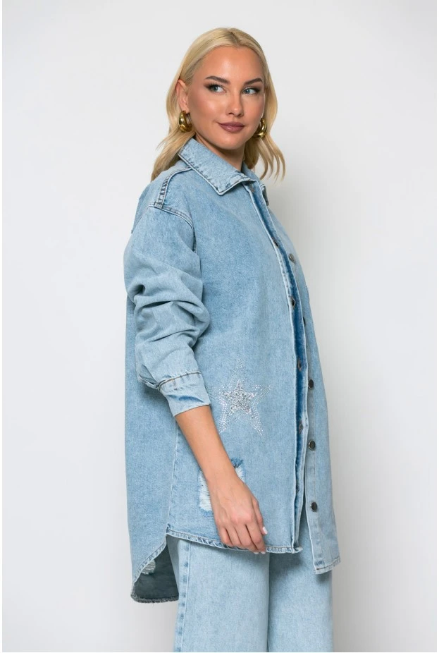 Oversized jean jacket με star strass μπλε