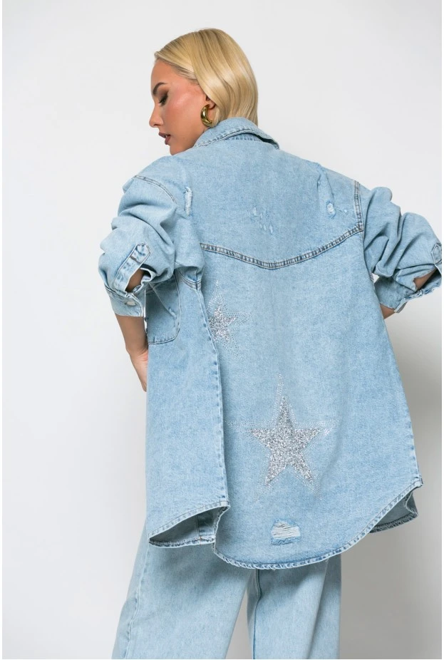 Oversized jean jacket με star strass μπλε