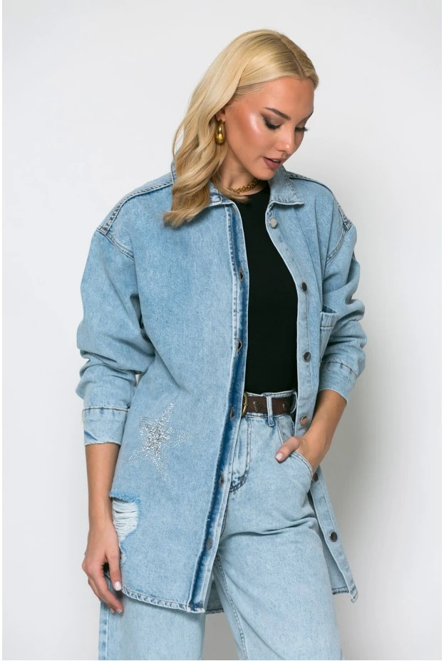 Oversized jean jacket με star strass μπλε
