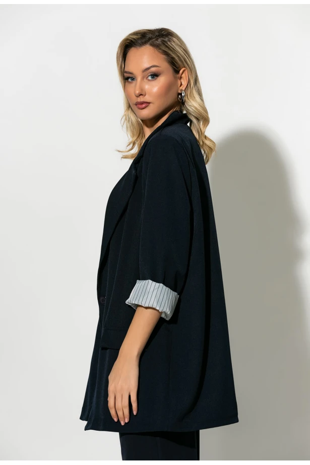 Blazer με ριγέ φόδρα και κουμπί μπλε Blazer με ριγέ φόδρα και κουμπί μπλε