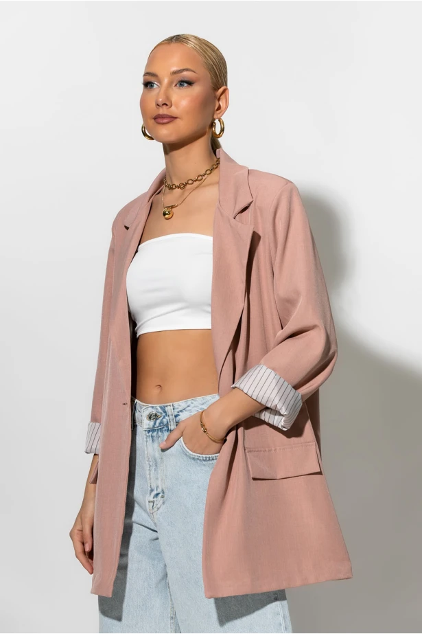 Blazer με ριγέ φόδρα και κουμπί σομον Blazer με ριγέ φόδρα και κουμπί σομον