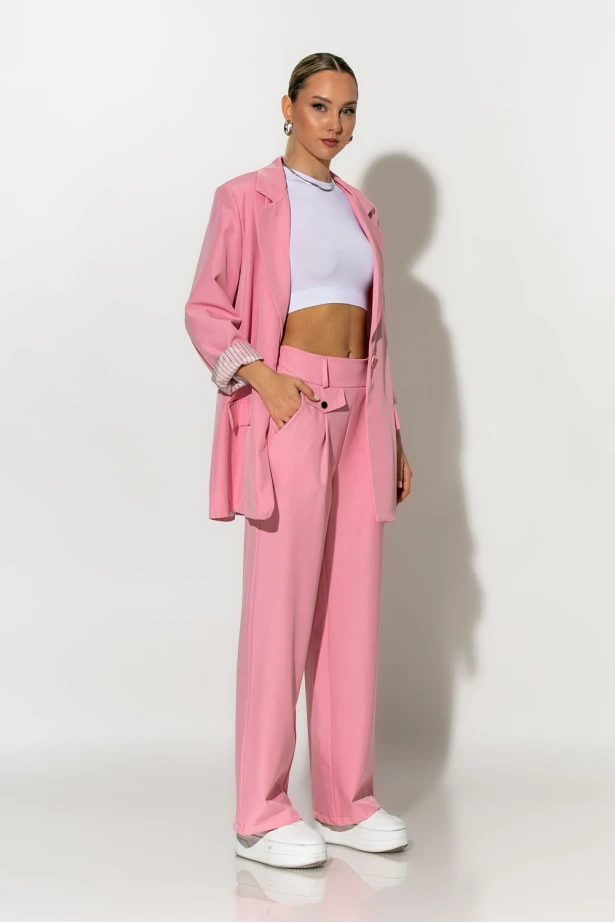 Blazer με ριγέ φόδρα και κουμπί ροζ