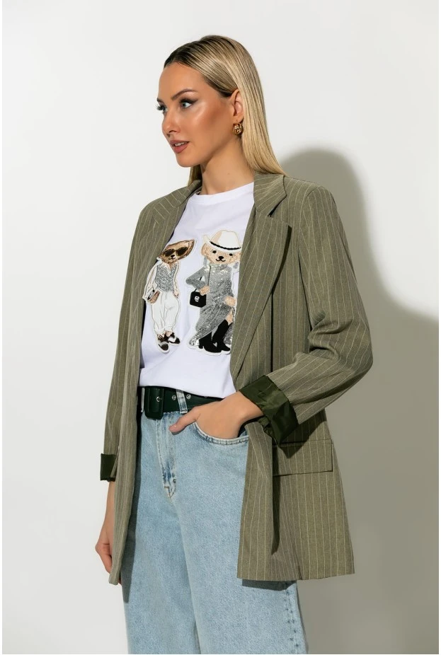 Ριγέ blazer με φόδρα και βάτες λαδί