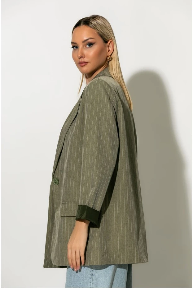 Ριγέ blazer με φόδρα και βάτες λαδί