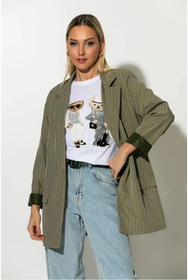 Ριγέ blazer με φόδρα και βάτες λαδί