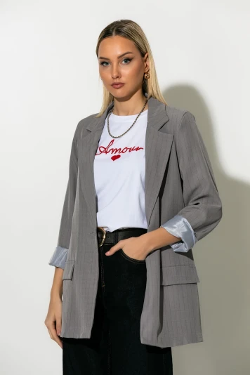 Ριγέ blazer με φόδρα και βάτες μπεζ