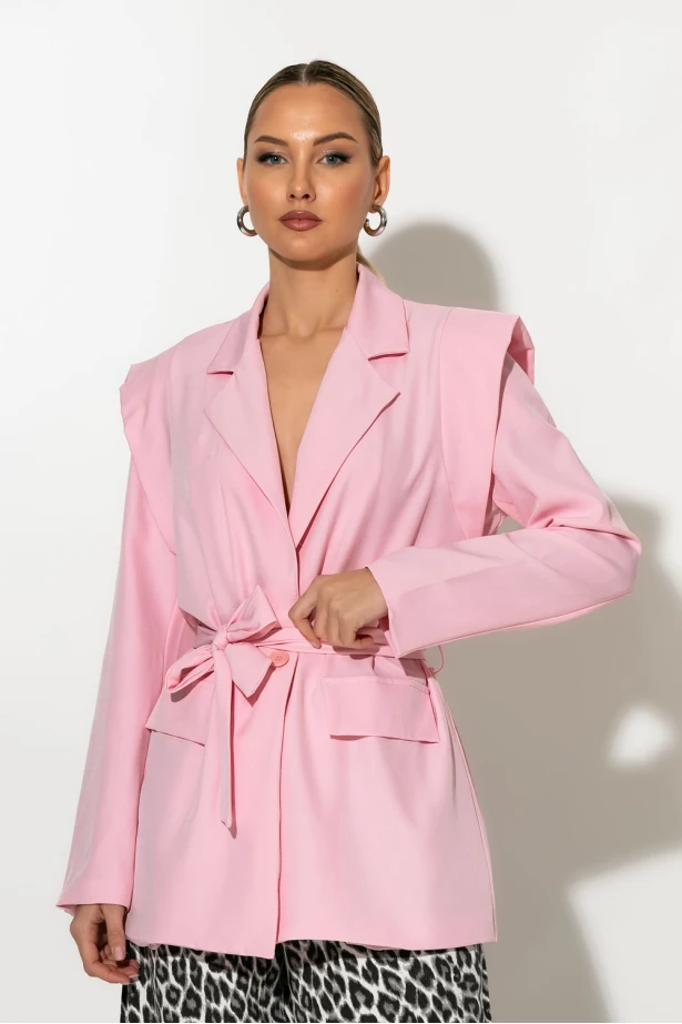 Blazer με structured ώμους και ζώνη ροζ Blazer με structured ώμους και ζώνη ροζ