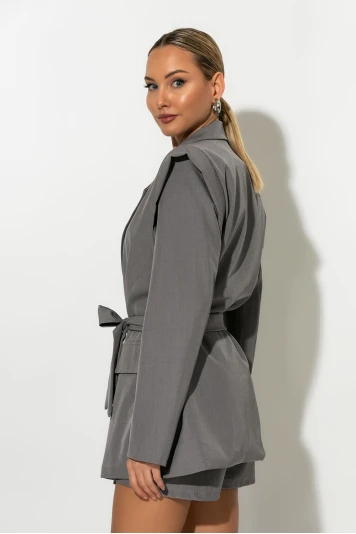 Blazer με structured ώμους και ζώνη γκρι