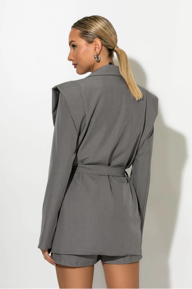 Blazer με structured ώμους και ζώνη γκρι