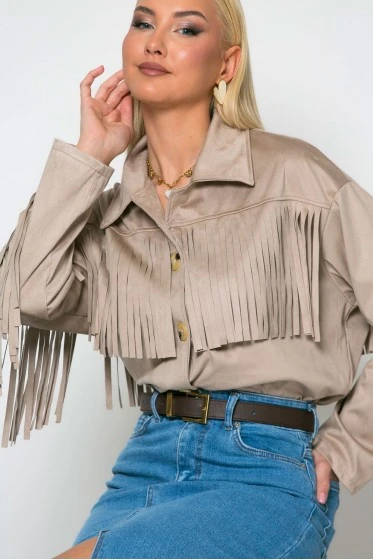 Σουέντ jacket με κρόσια μπεζ της άμμου