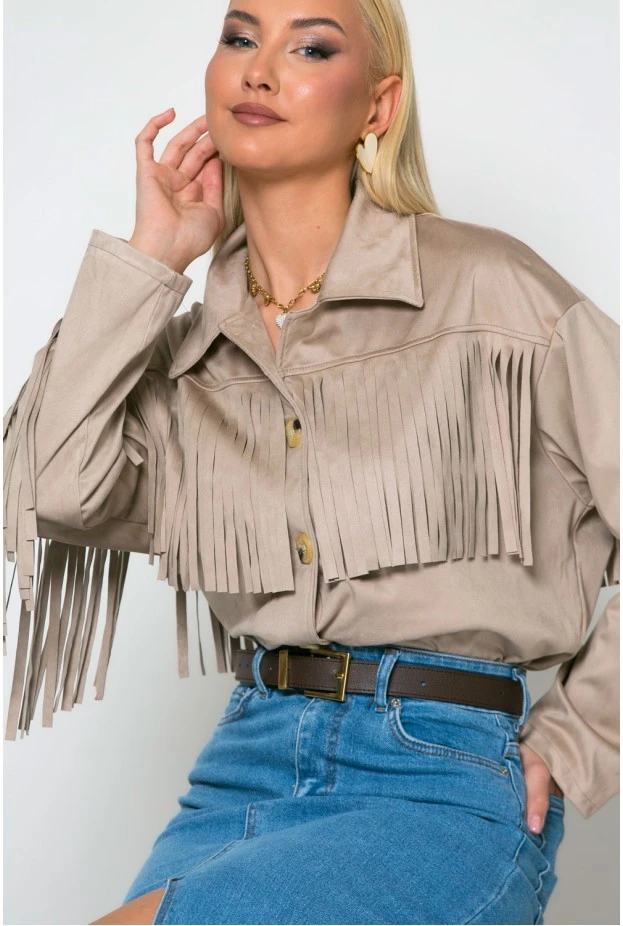 Σουέντ jacket με κρόσια μπεζ της άμμου