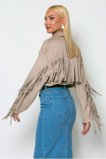 Σουέντ jacket με κρόσια μπεζ της άμμου