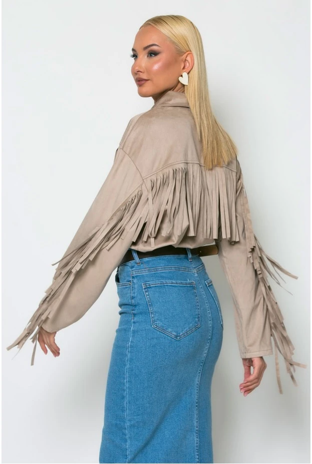Σουέντ jacket με κρόσια μπεζ της άμμου