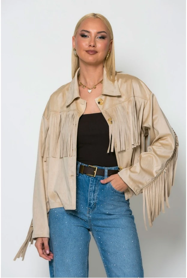 Σουέντ jacket με κρόσια μπεζ ανοιχτό
