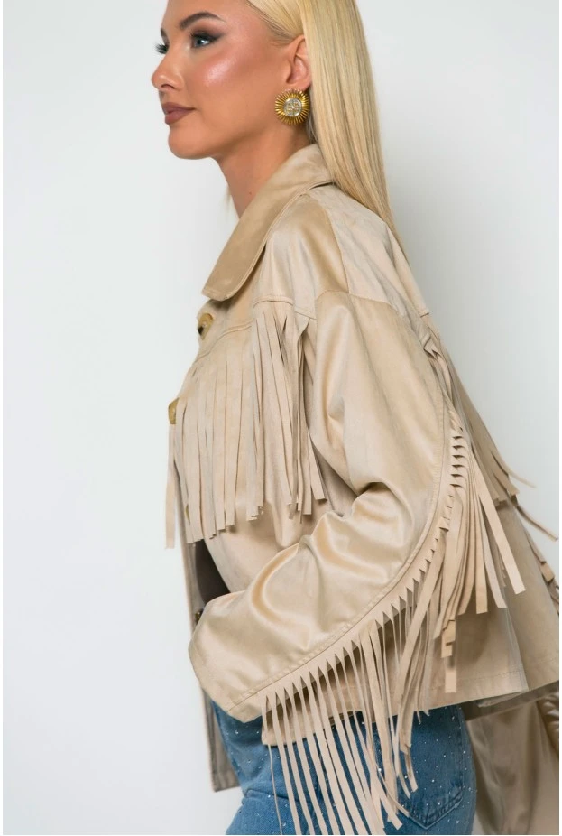 Σουέντ jacket με κρόσια μπεζ ανοιχτό