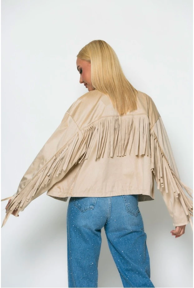 Σουέντ jacket με κρόσια μπεζ ανοιχτό