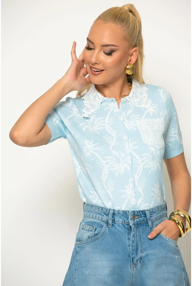 Ζακέτα πλεκτή με δαντελένιο γιακά σιέλ
