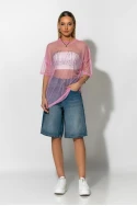 Tulle μπλουζα με strass και στάμπα milano ροζ