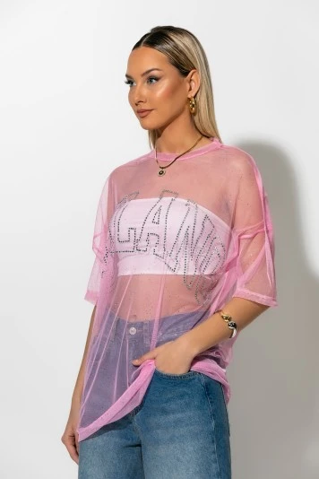 Tulle μπλουζα με strass και στάμπα milano ροζ