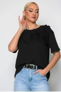 T-shirt κοντομάνικο με τούλινα λουλούδια μαύρο