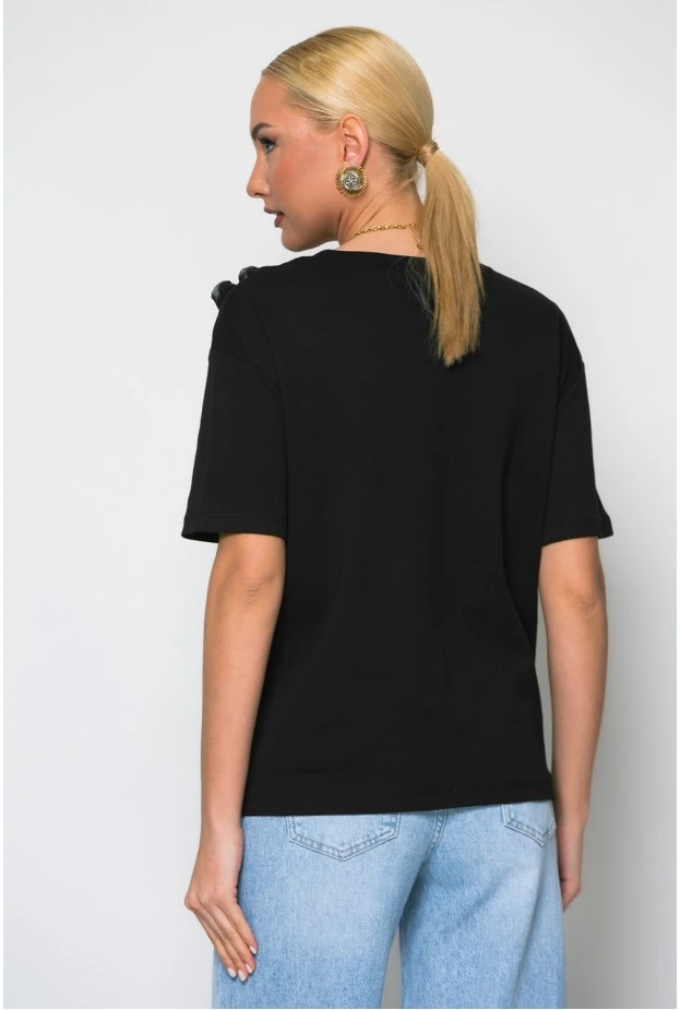 T-shirt κοντομάνικο με τούλινα λουλούδια μαύρο