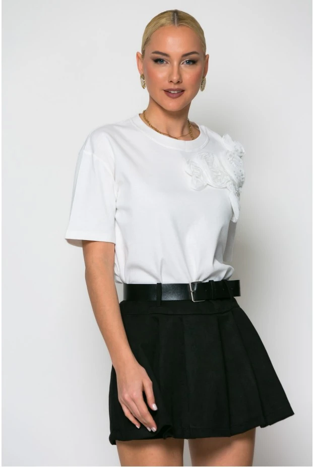 T-shirt κοντομάνικο με τούλινα λουλούδια λευκό