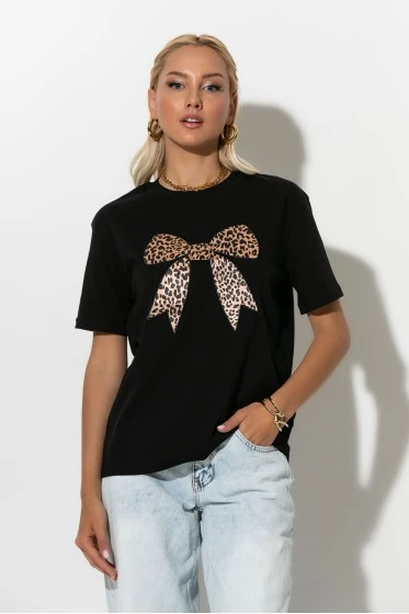 T-shirt με leopard φιόγκο μαύρο