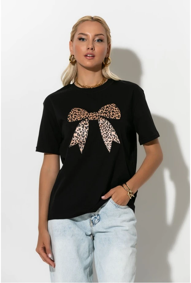 T-shirt με leopard φιόγκο μαύρο
