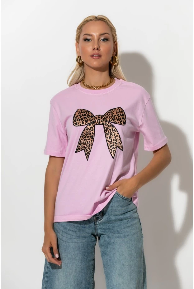 T-shirt με leopard φιόγκο ροζ