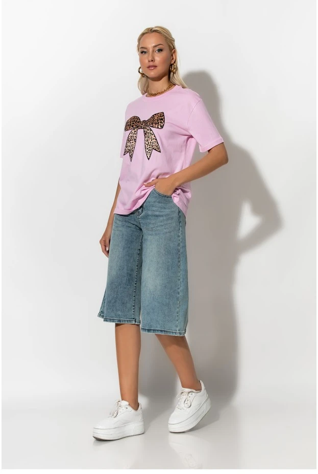T-shirt με leopard φιόγκο ροζ