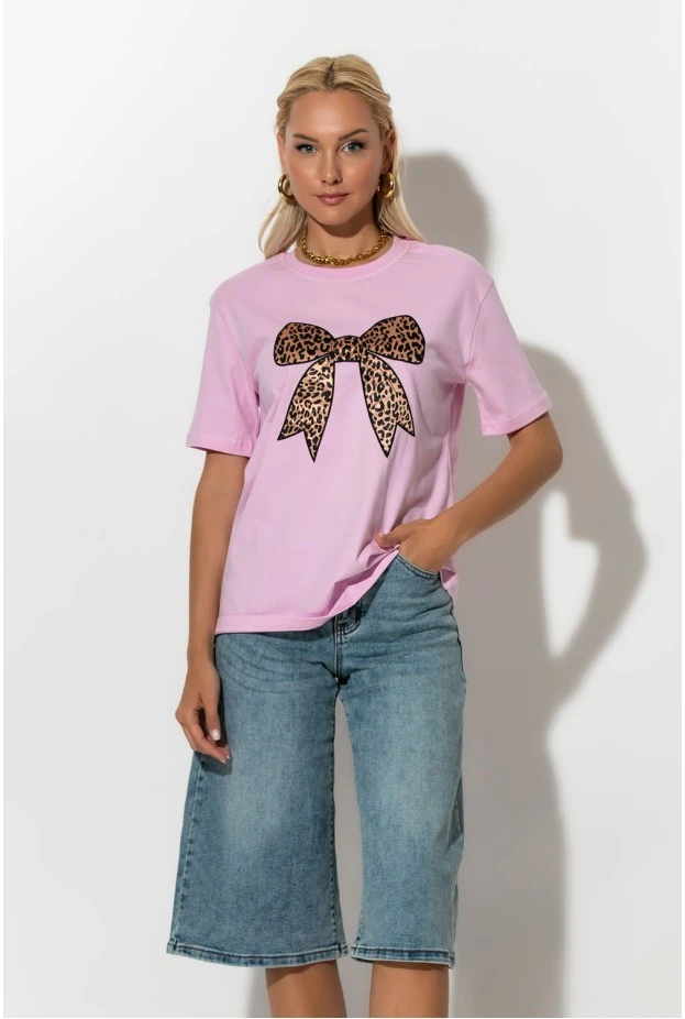 T-shirt με leopard φιόγκο ροζ