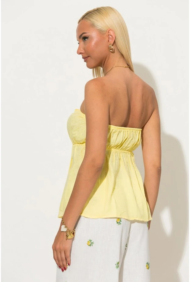 Μπλούζα στράπλες τύπου λινό με σούρες και κορδόνια κίτρινο
