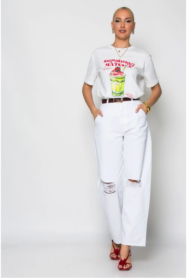 T-shirt κοντομάνικο με στάμπα strawberry matcha λευκό