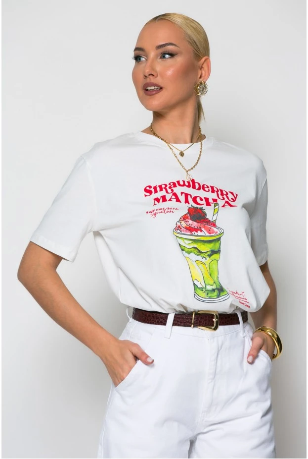 T-shirt κοντομάνικο με στάμπα strawberry matcha λευκό