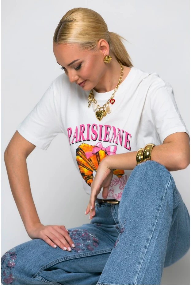 T-shirt κόντομάνικο με στάμπα parisienne λευκό
