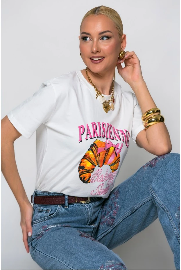 T-shirt κόντομάνικο με στάμπα parisienne λευκό