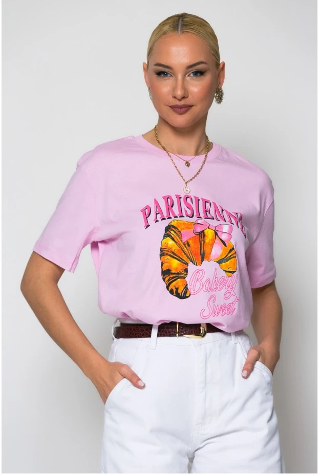 T-shirt κόντομάνικο με στάμπα parisienne ροζ