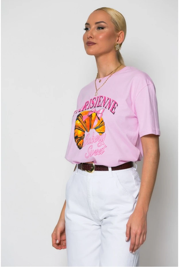 T-shirt κόντομάνικο με στάμπα parisienne ροζ